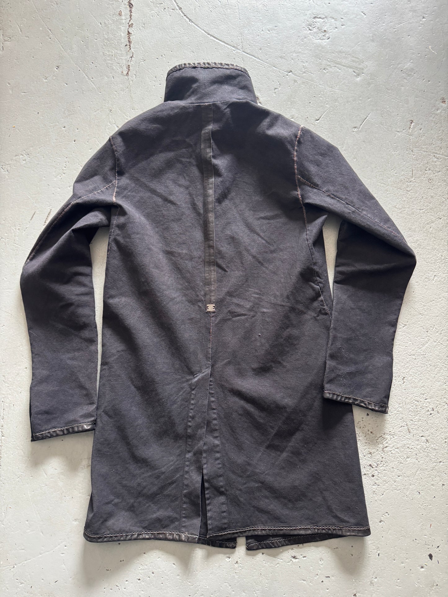 isaac sellam overlocked leather strip high collar coat M