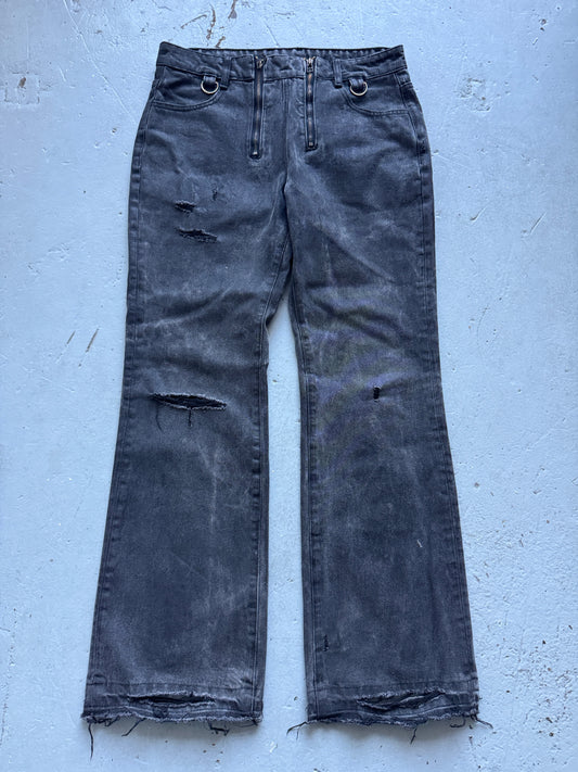 troubled waters zip waist distressed denim