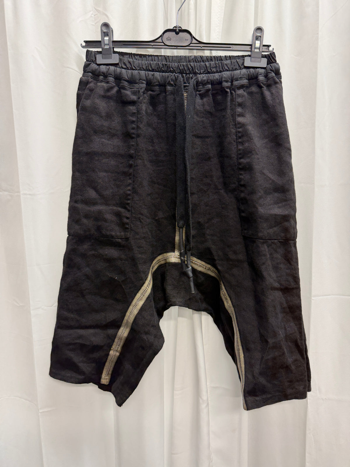 Isaac Sellam Experience Tape Seam Drop Crotch Linen Shorts (S)
