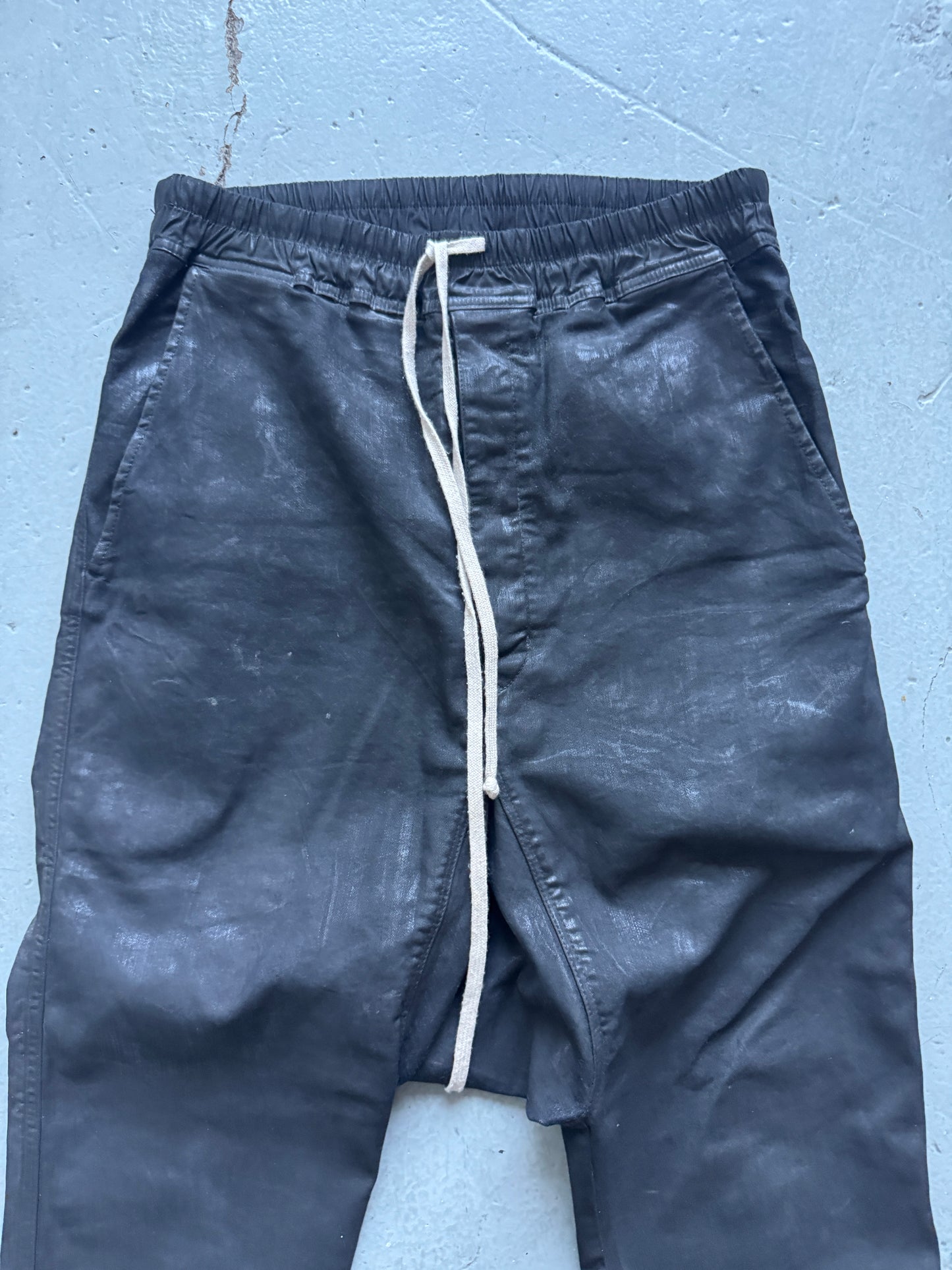 rick owens waxed drop crotch denim trouser