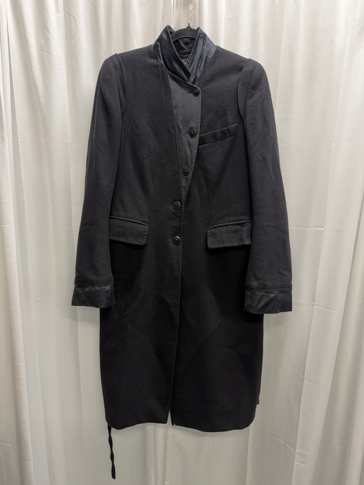 Ann Demeulemeester Early 2000s Satin Trim High Buttoning Wool Coat (S)