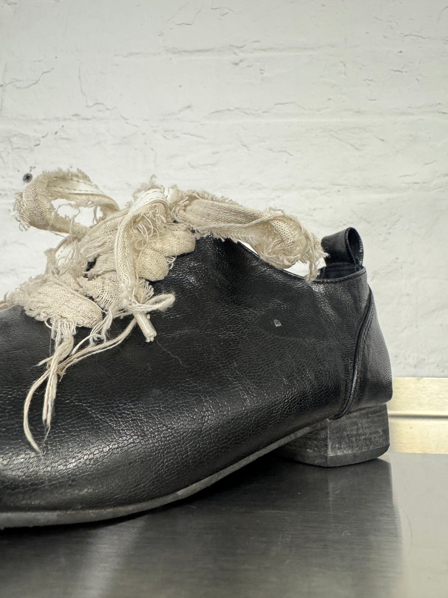 Black Leather Wrapped Ankle Boots with Frayed Gauze Lacing