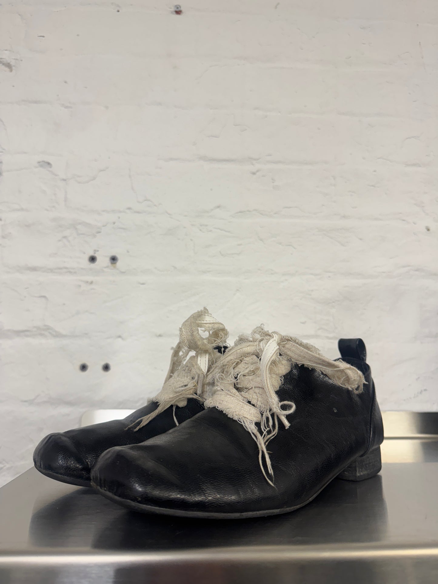 Black Leather Wrapped Ankle Boots with Frayed Gauze Lacing