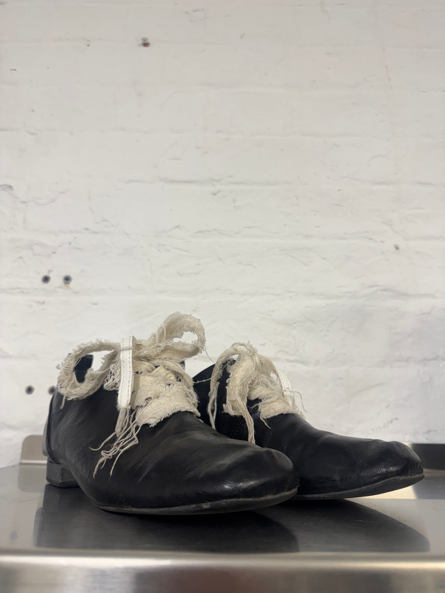 Black Leather Wrapped Ankle Boots with Frayed Gauze Lacing