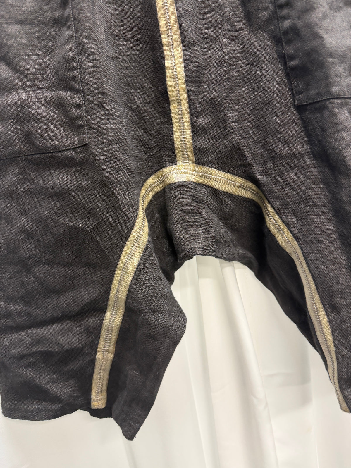 Isaac Sellam Experience Tape Seam Drop Crotch Linen Shorts (S)