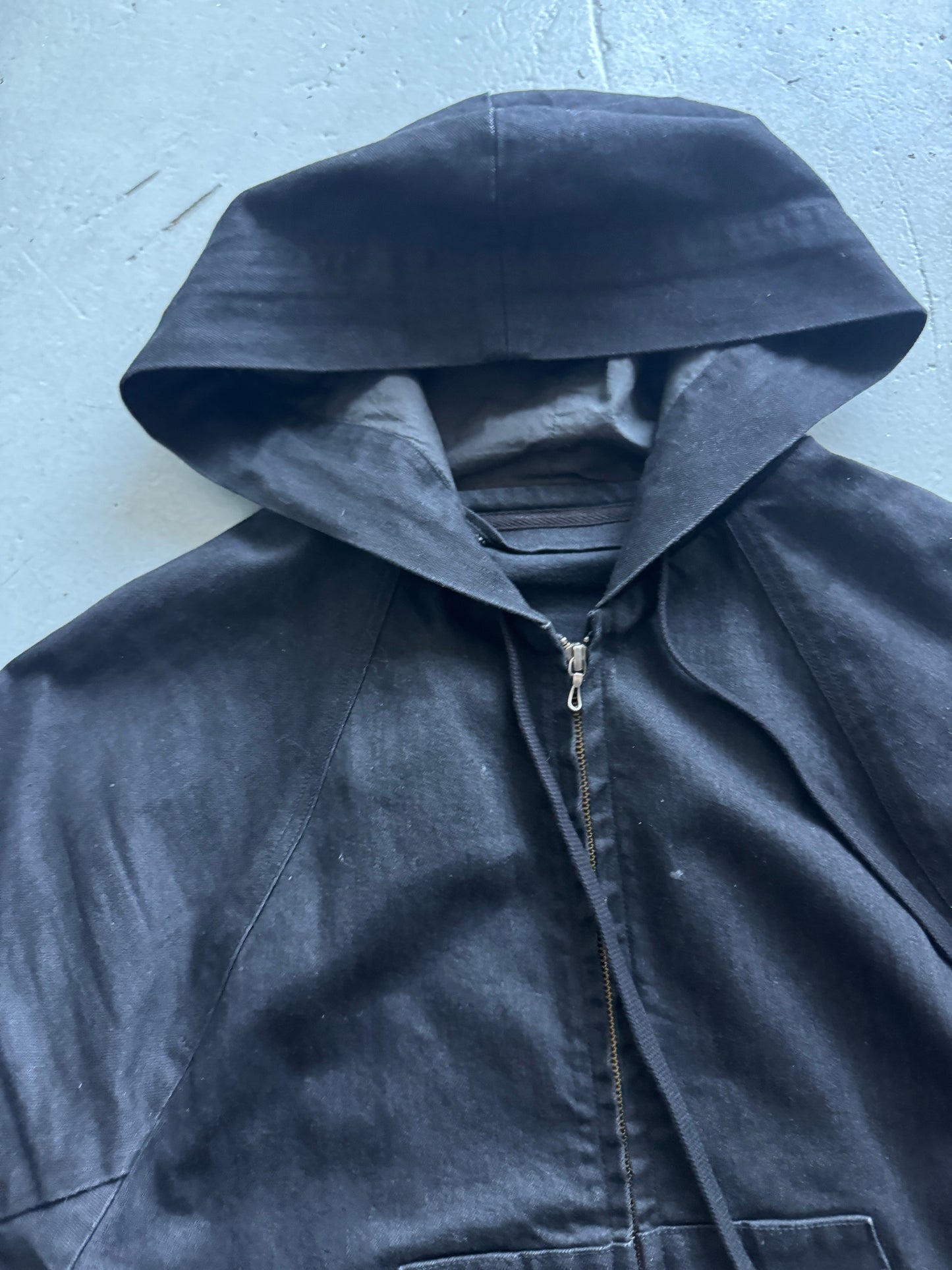 julius anode triangle cut hooded denim jacket