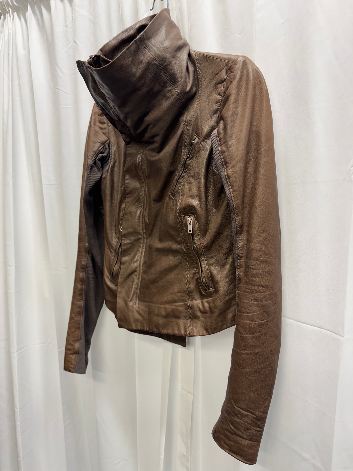 Rick Owens Asymmetric High Neck Leather Jacket