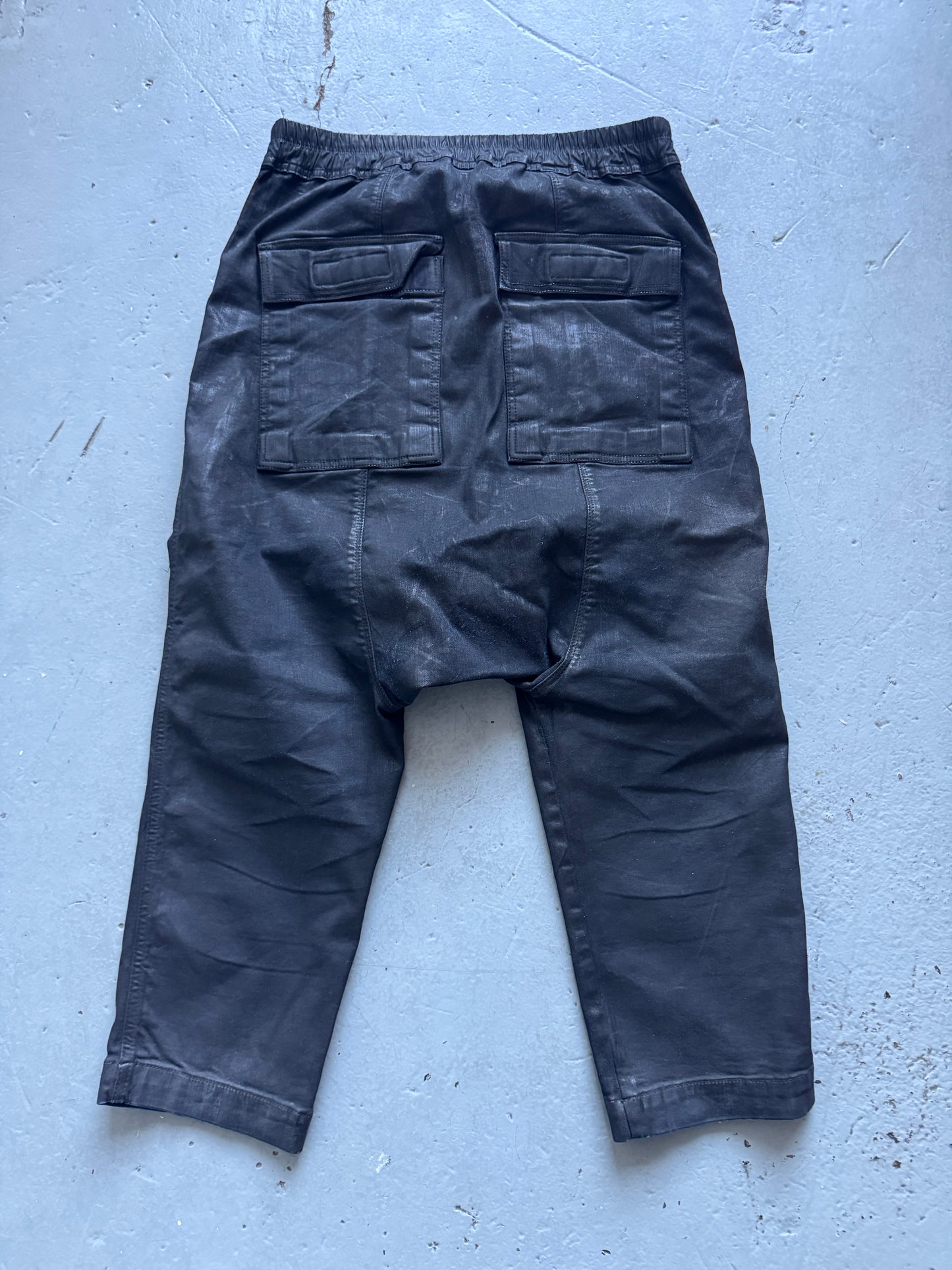 rick owens waxed drop crotch denim trouser