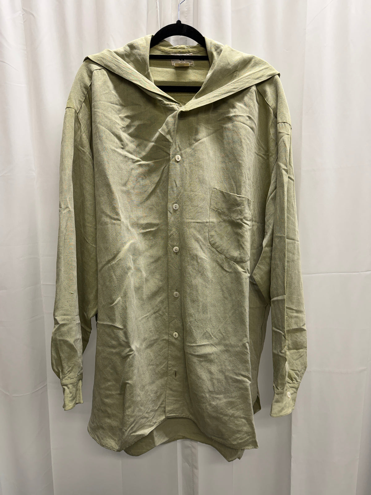 Dries Van Noten Early Pistachio Green Linen Adjustable Hooded Shirt (L)
