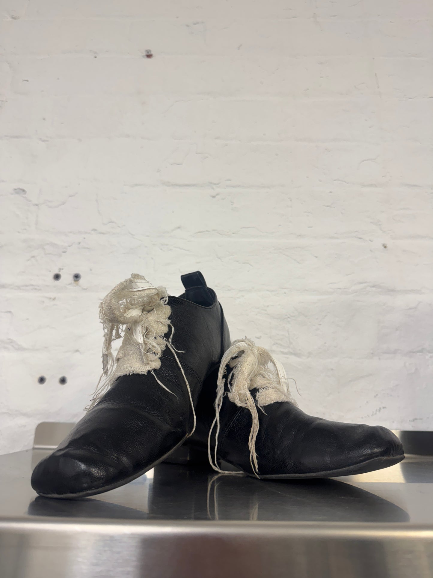 Black Leather Wrapped Ankle Boots with Frayed Gauze Lacing