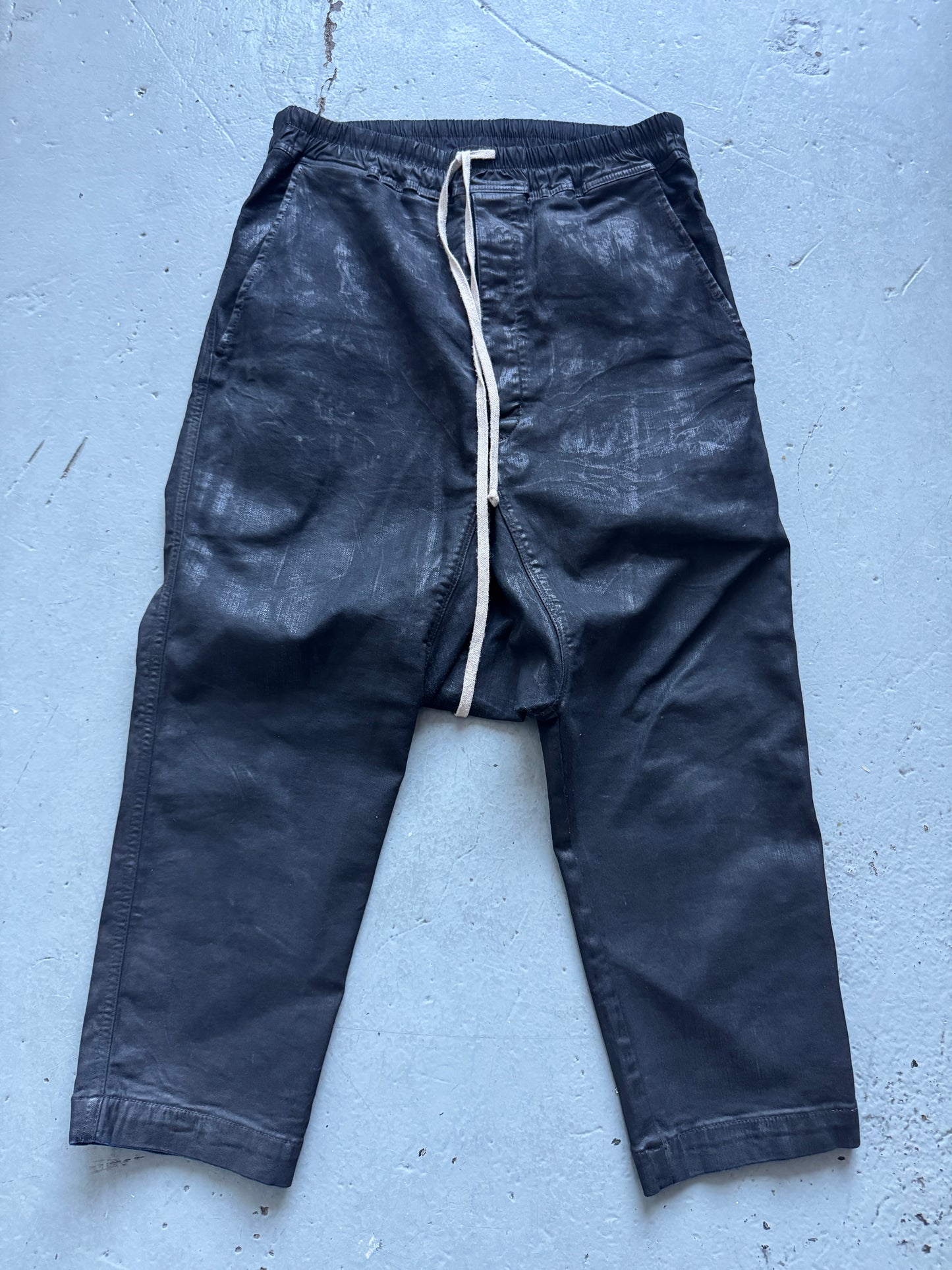 rick owens waxed drop crotch denim trouser