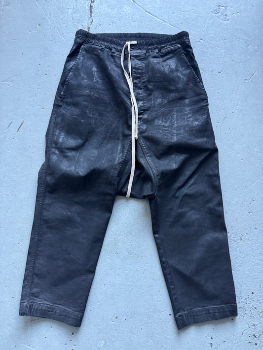 rick owens waxed drop crotch denim trouser