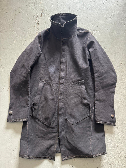 isaac sellam overlocked leather strip high collar coat M