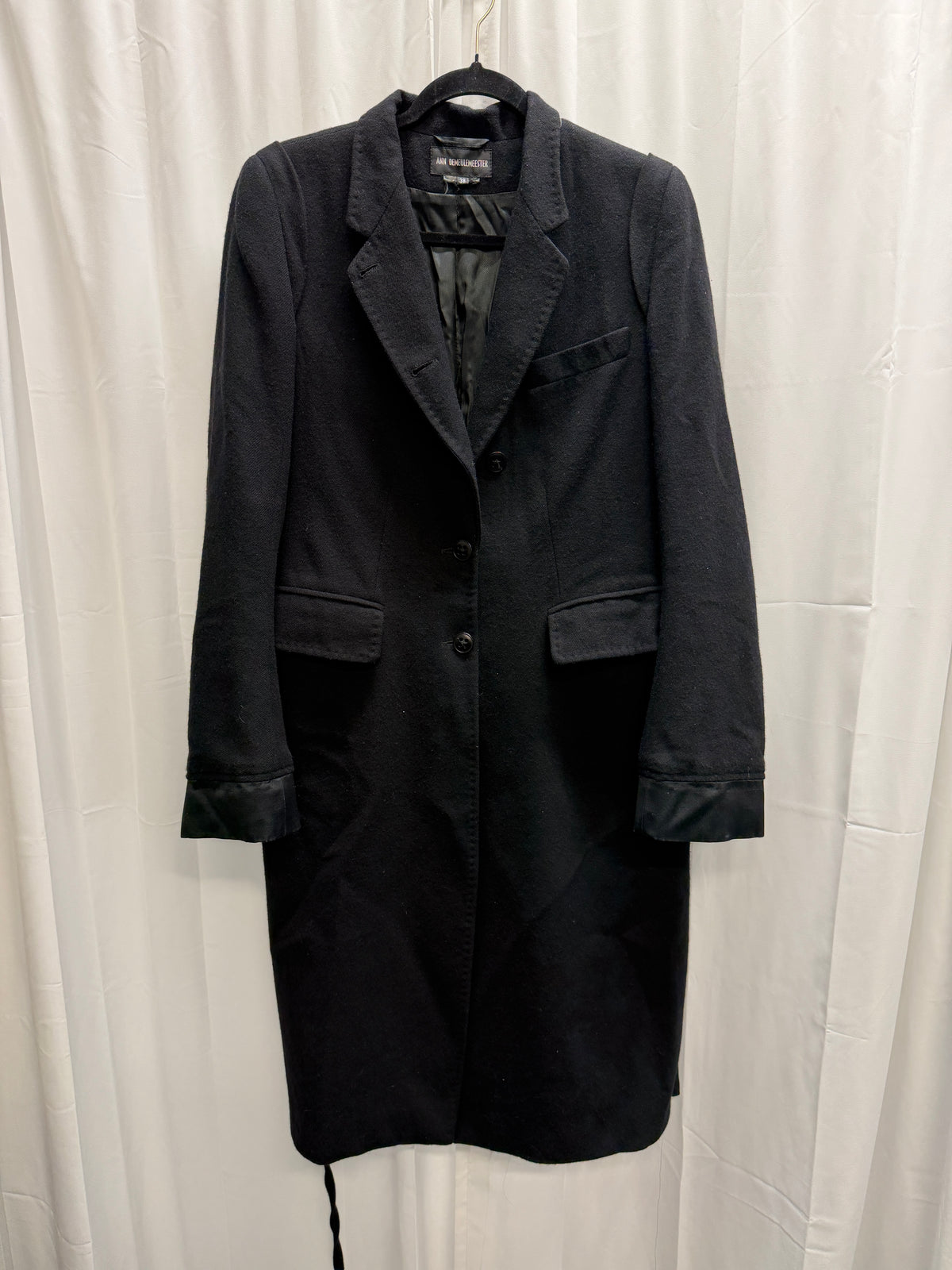 Ann Demeulemeester Early 2000s Satin Trim High Buttoning Wool Coat (S)