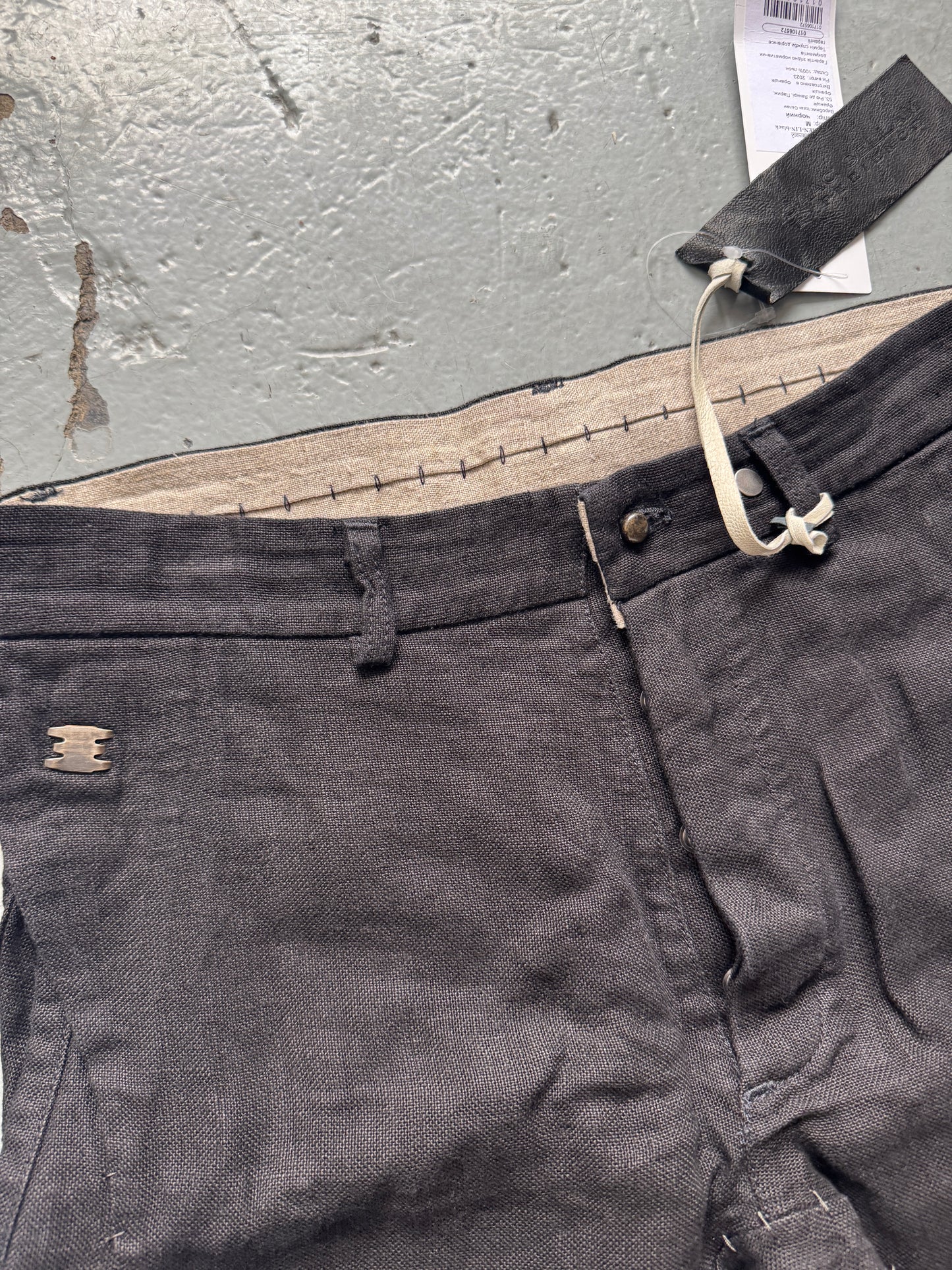 isaac sellam staple stitch metal detail linen twist pants