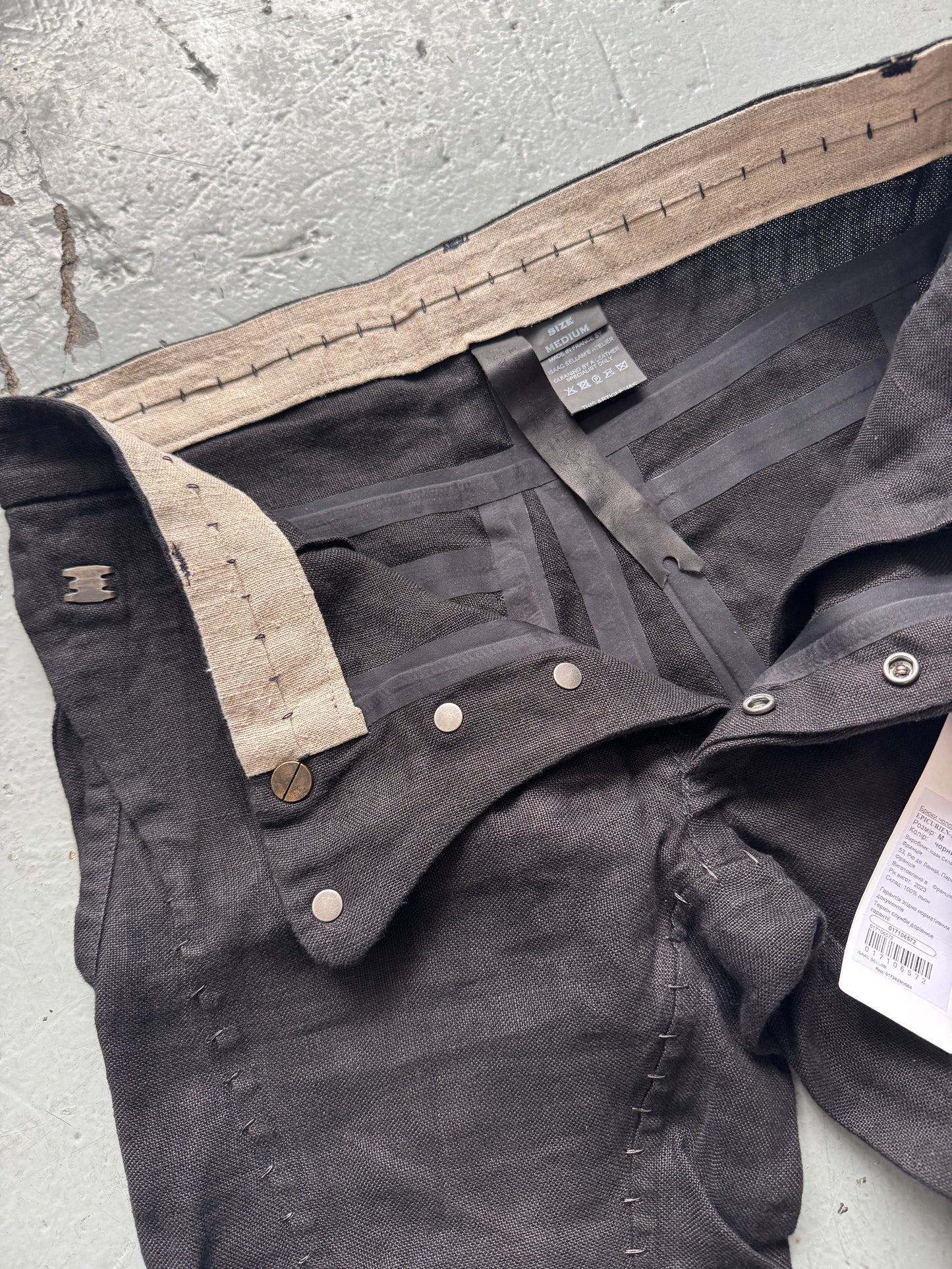 isaac sellam staple stitch metal detail linen twist pants