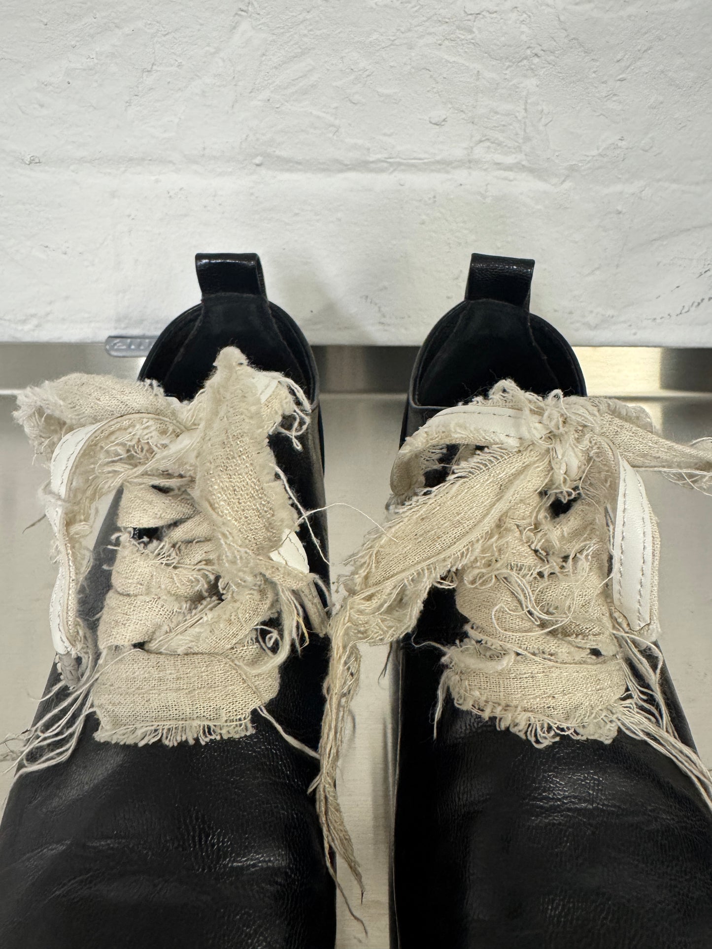Black Leather Wrapped Ankle Boots with Frayed Gauze Lacing