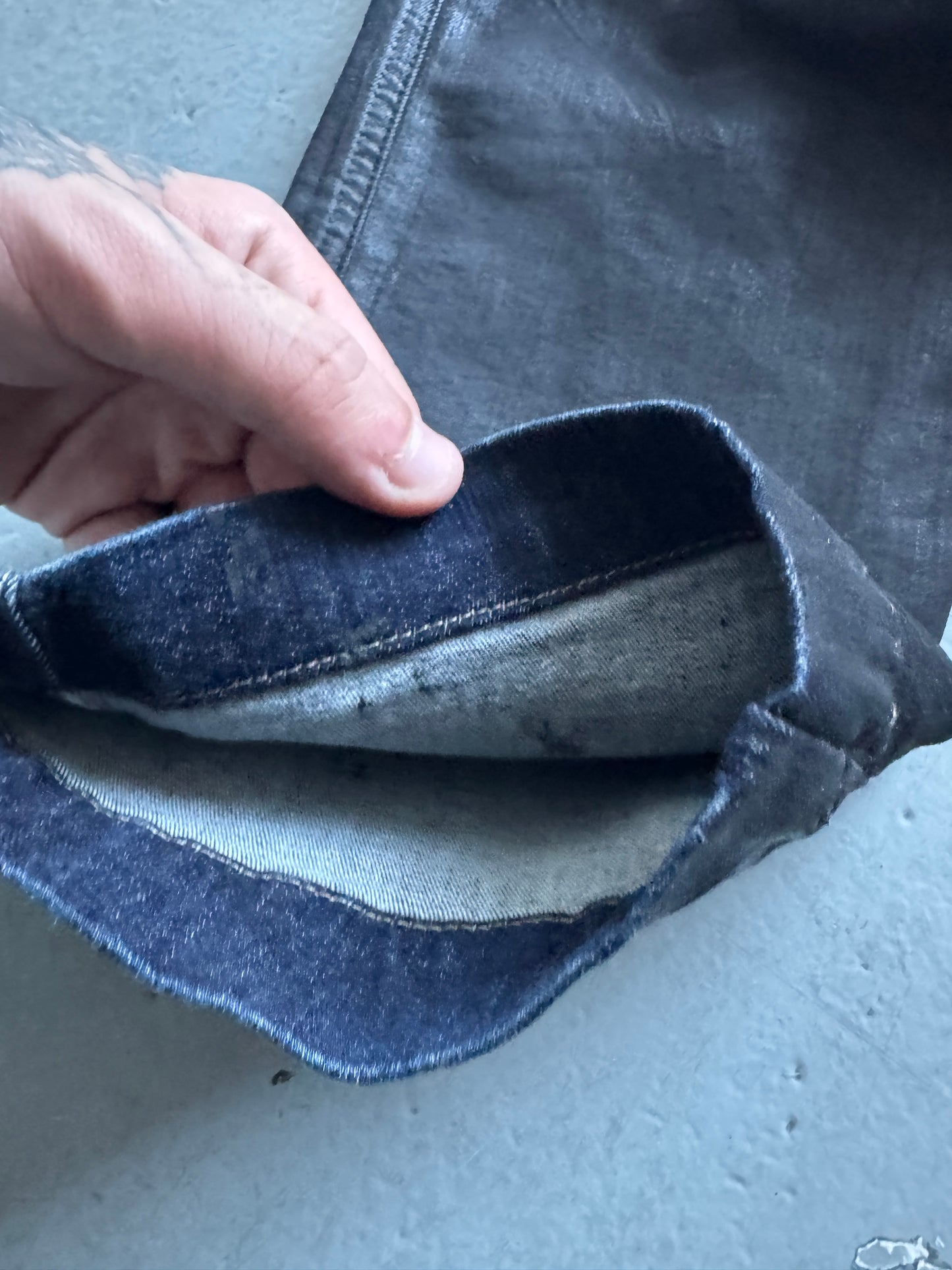 rick owens waxed drop crotch denim trouser