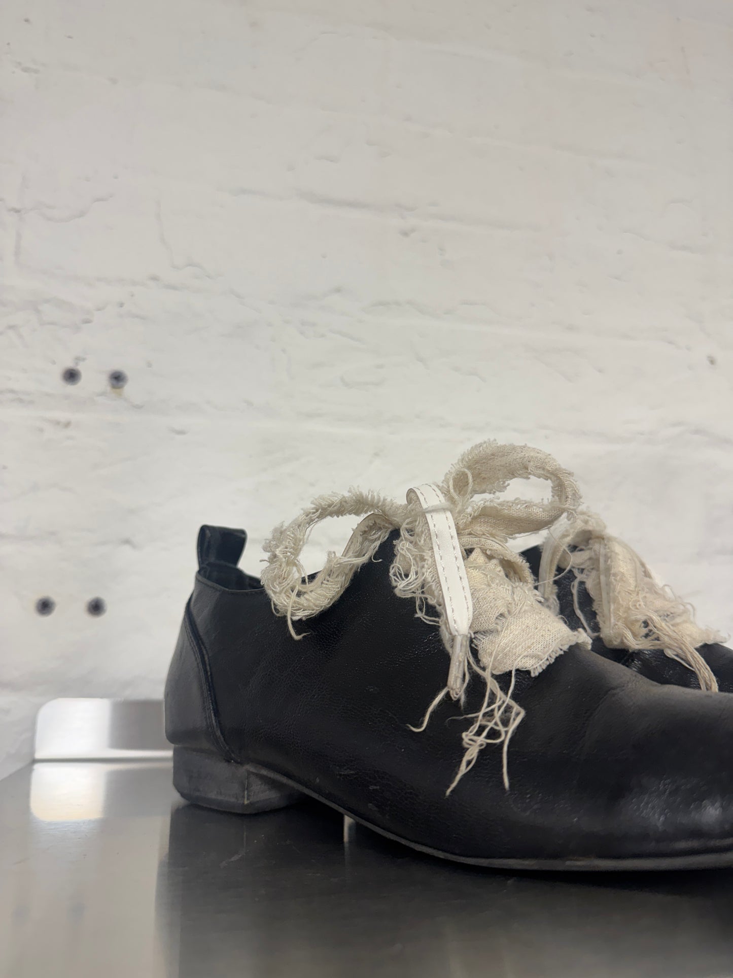 Black Leather Wrapped Ankle Boots with Frayed Gauze Lacing