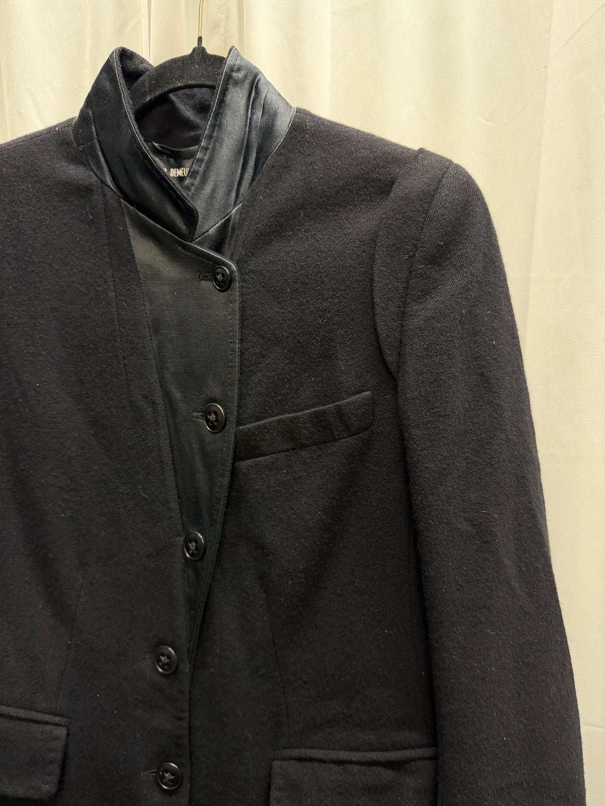 Ann Demeulemeester Early 2000s Satin Trim High Buttoning Wool Coat (S)