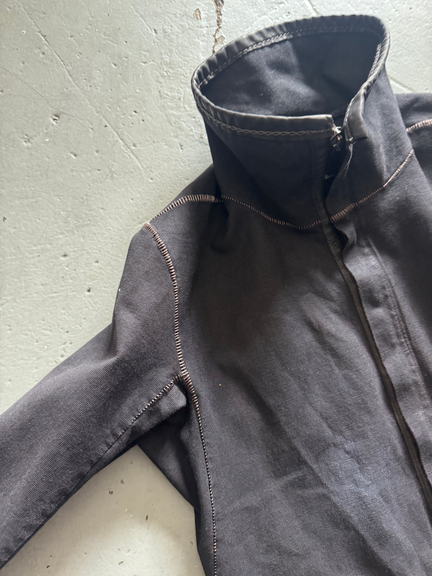 isaac sellam overlocked leather strip high collar coat M