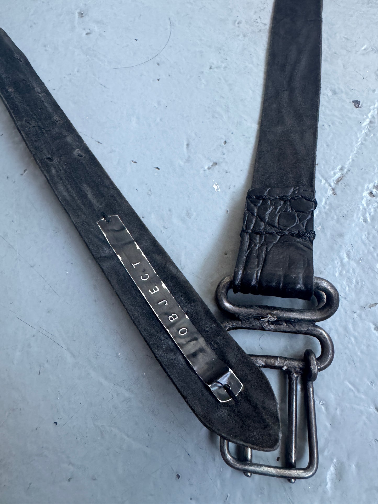 objet pierced crocodile effect leather belt