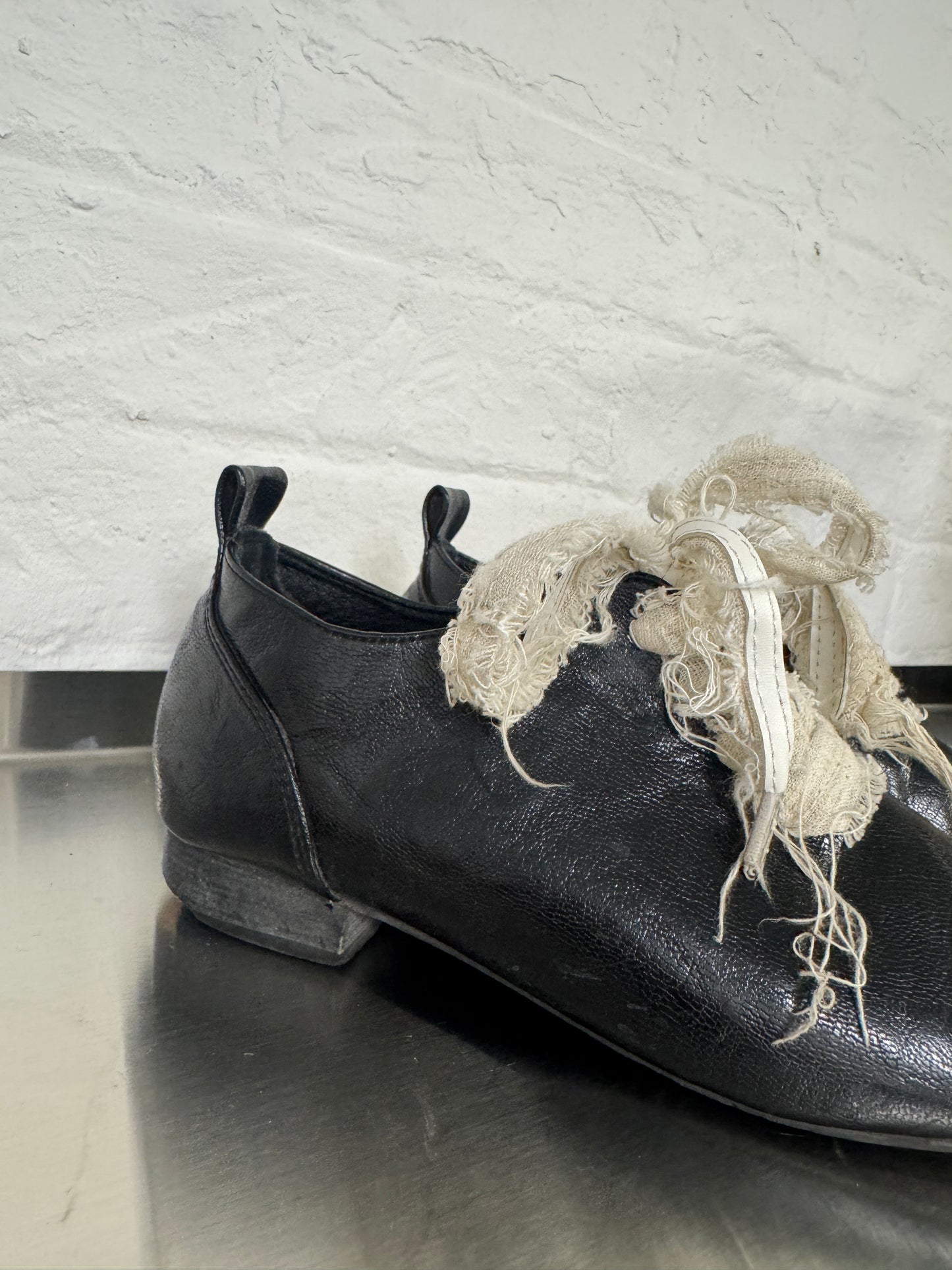 Black Leather Wrapped Ankle Boots with Frayed Gauze Lacing