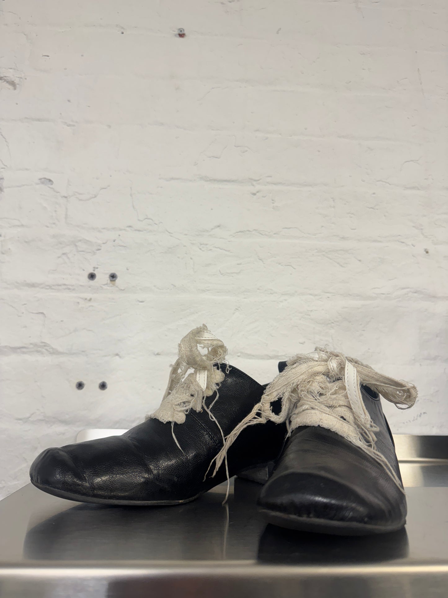 Black Leather Wrapped Ankle Boots with Frayed Gauze Lacing