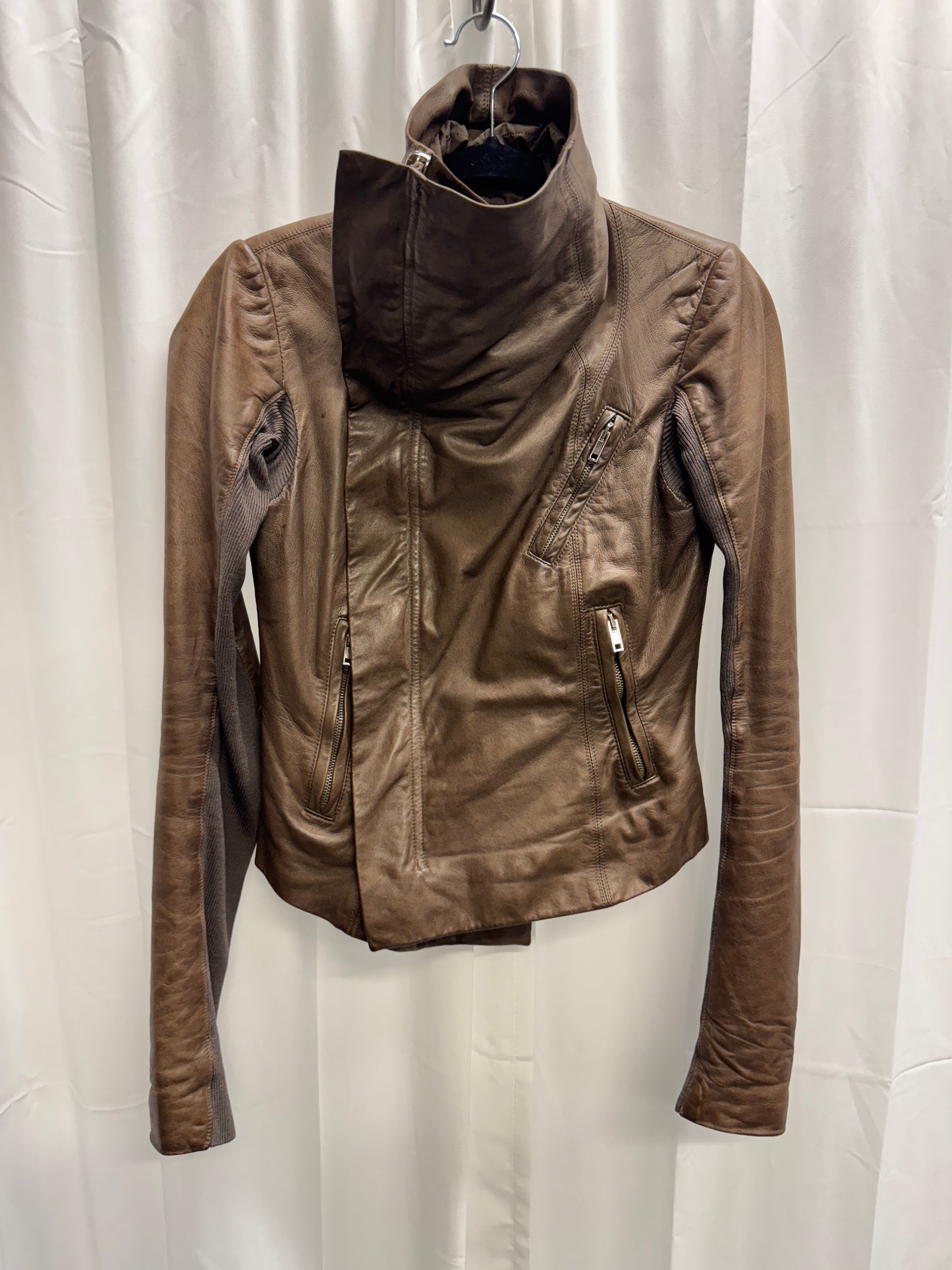 Rick Owens Asymmetric High Neck Leather Jacket