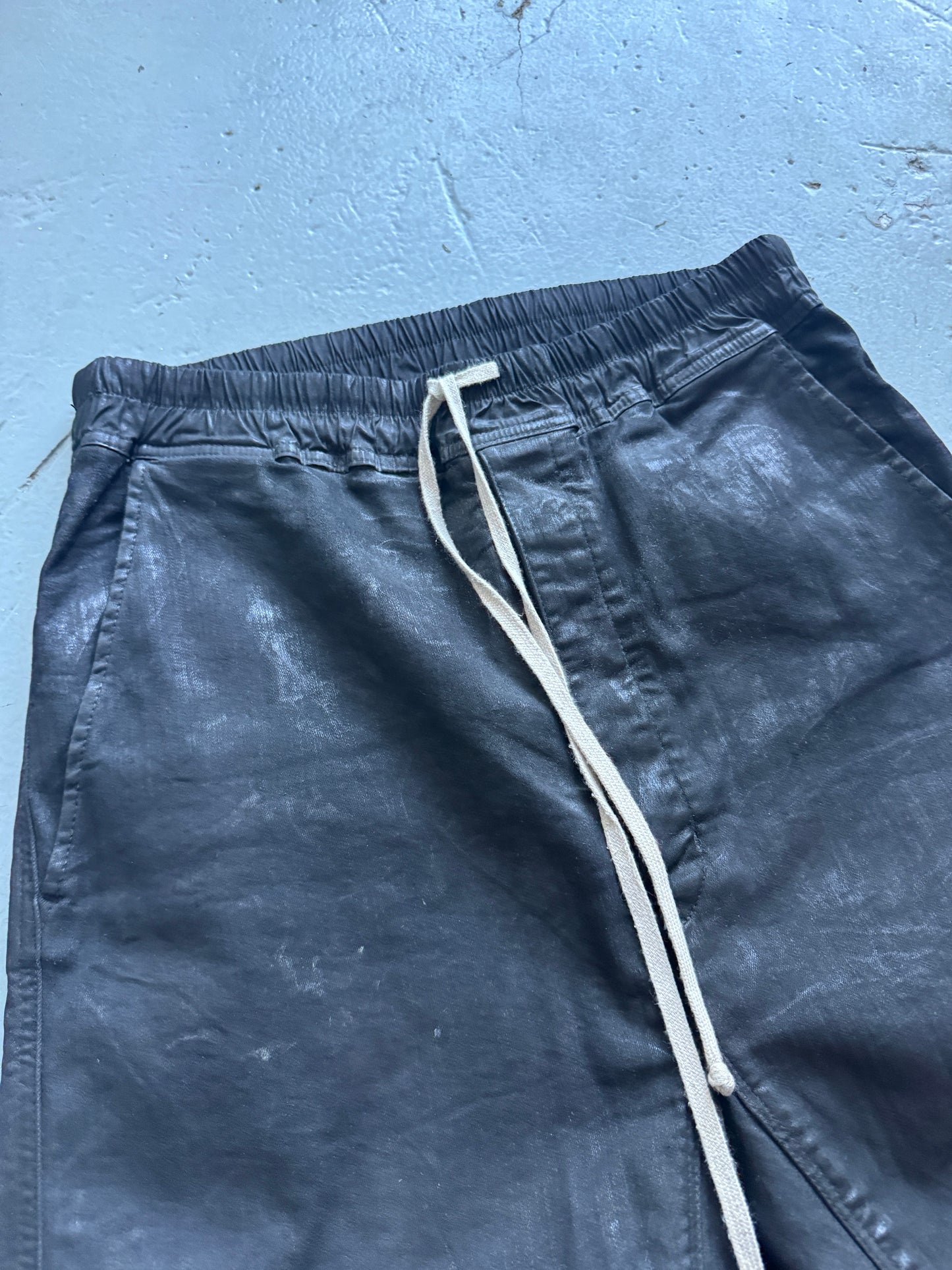 rick owens waxed drop crotch denim trouser