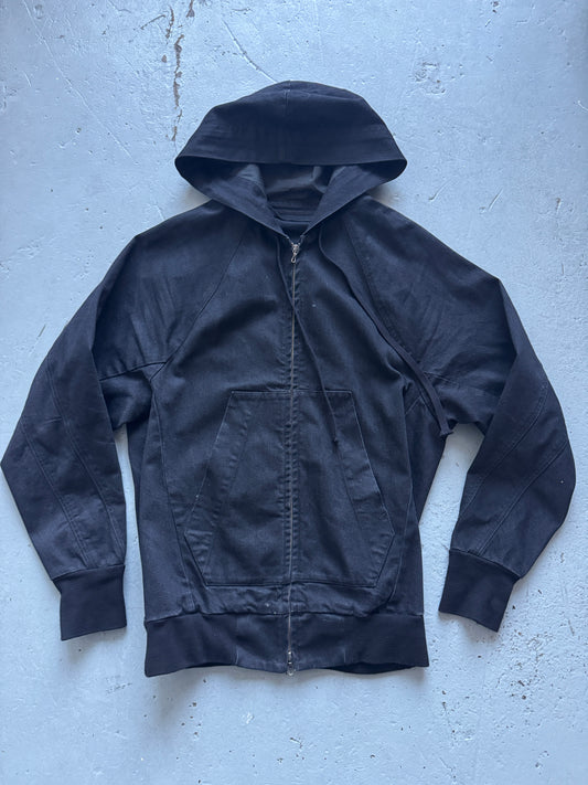 julius anode triangle cut hooded denim jacket