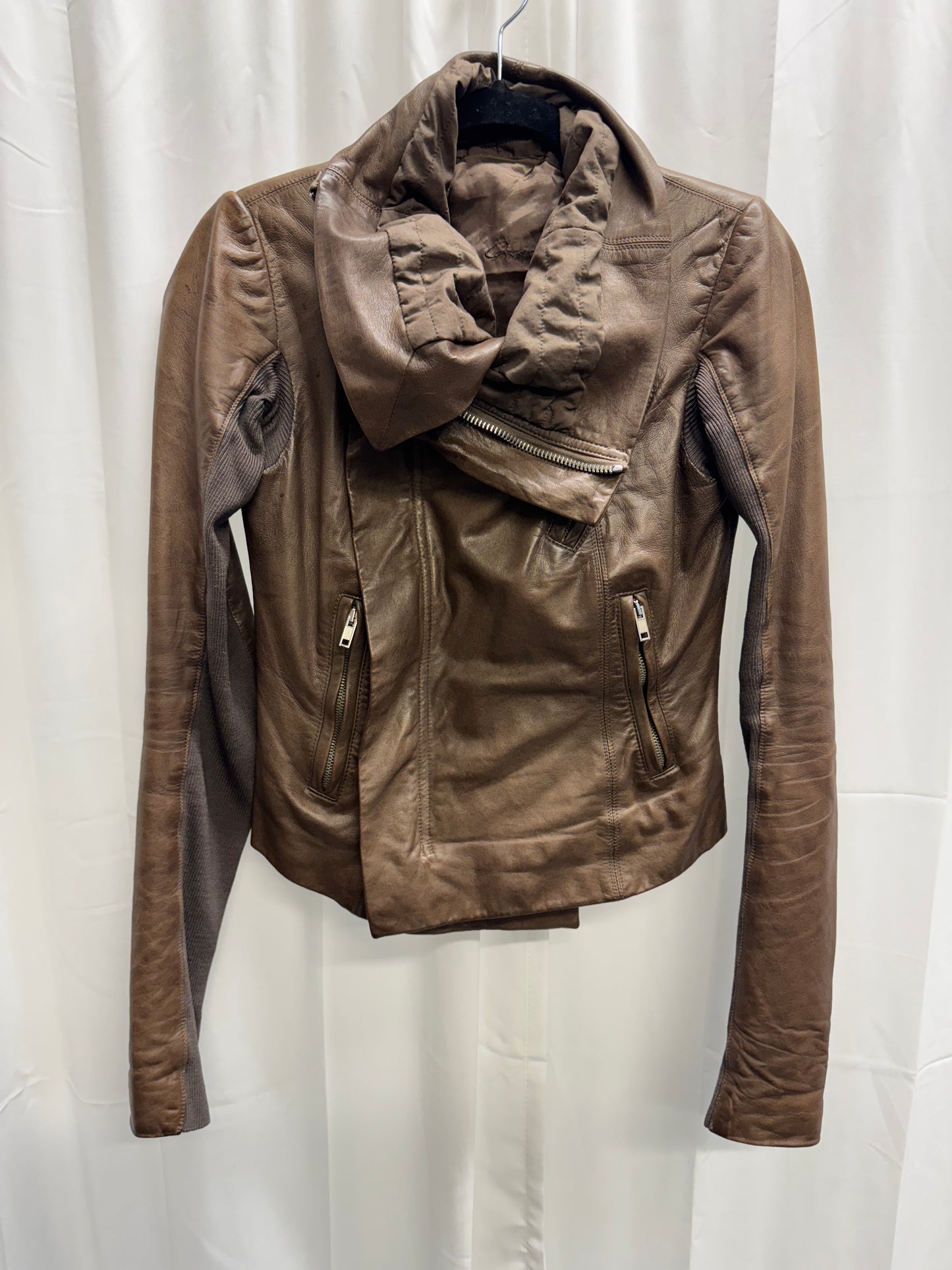 Rick Owens Asymmetric High Neck Leather Jacket
