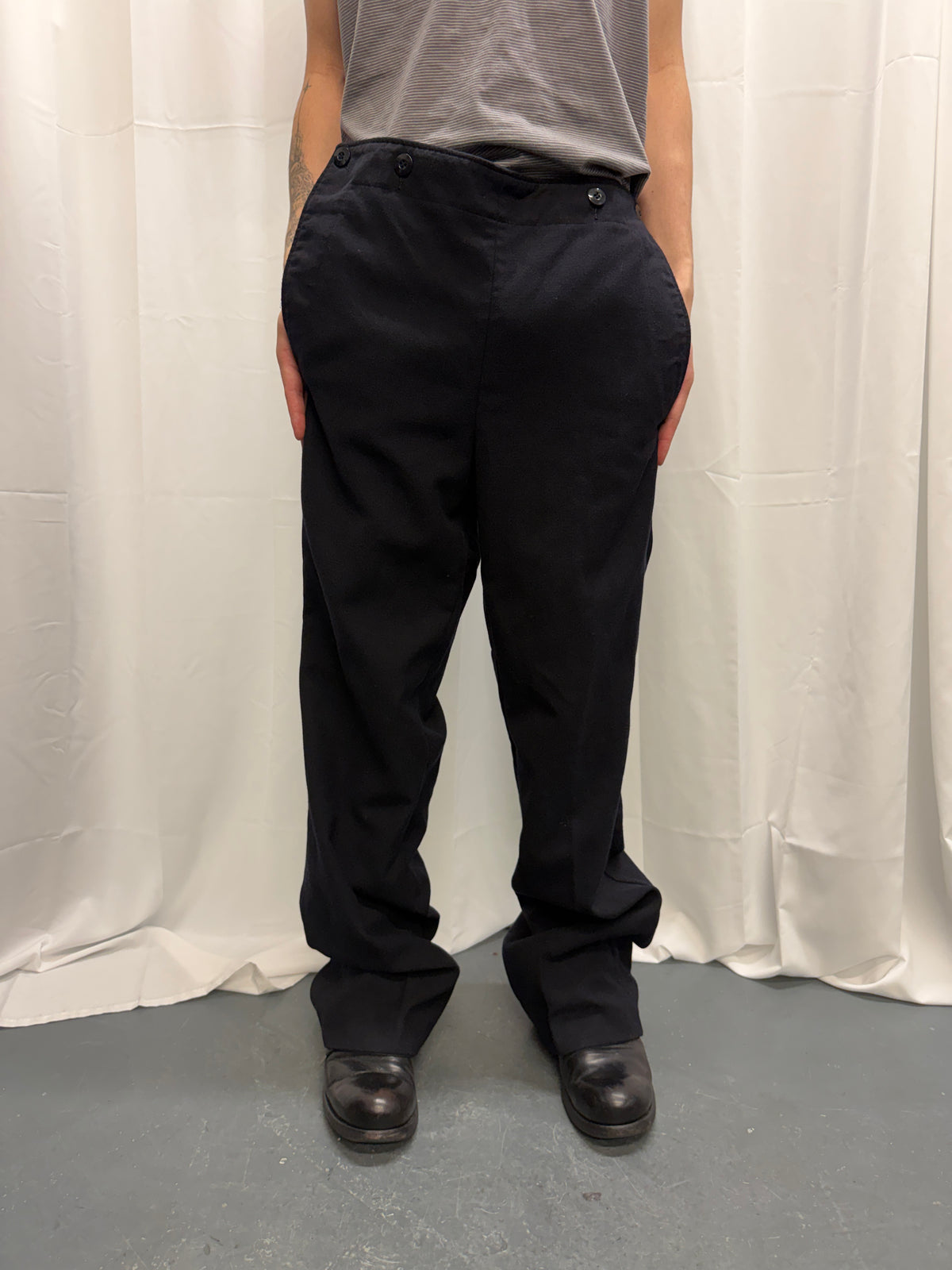 Vintage German Military Navy Buttoned Wool Trousers