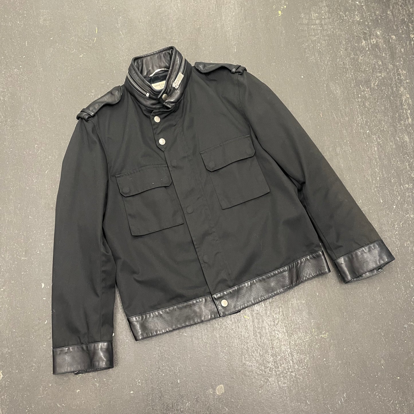 Saint Laurent Paris Hedi Slimane Leather Trim Military Jacket