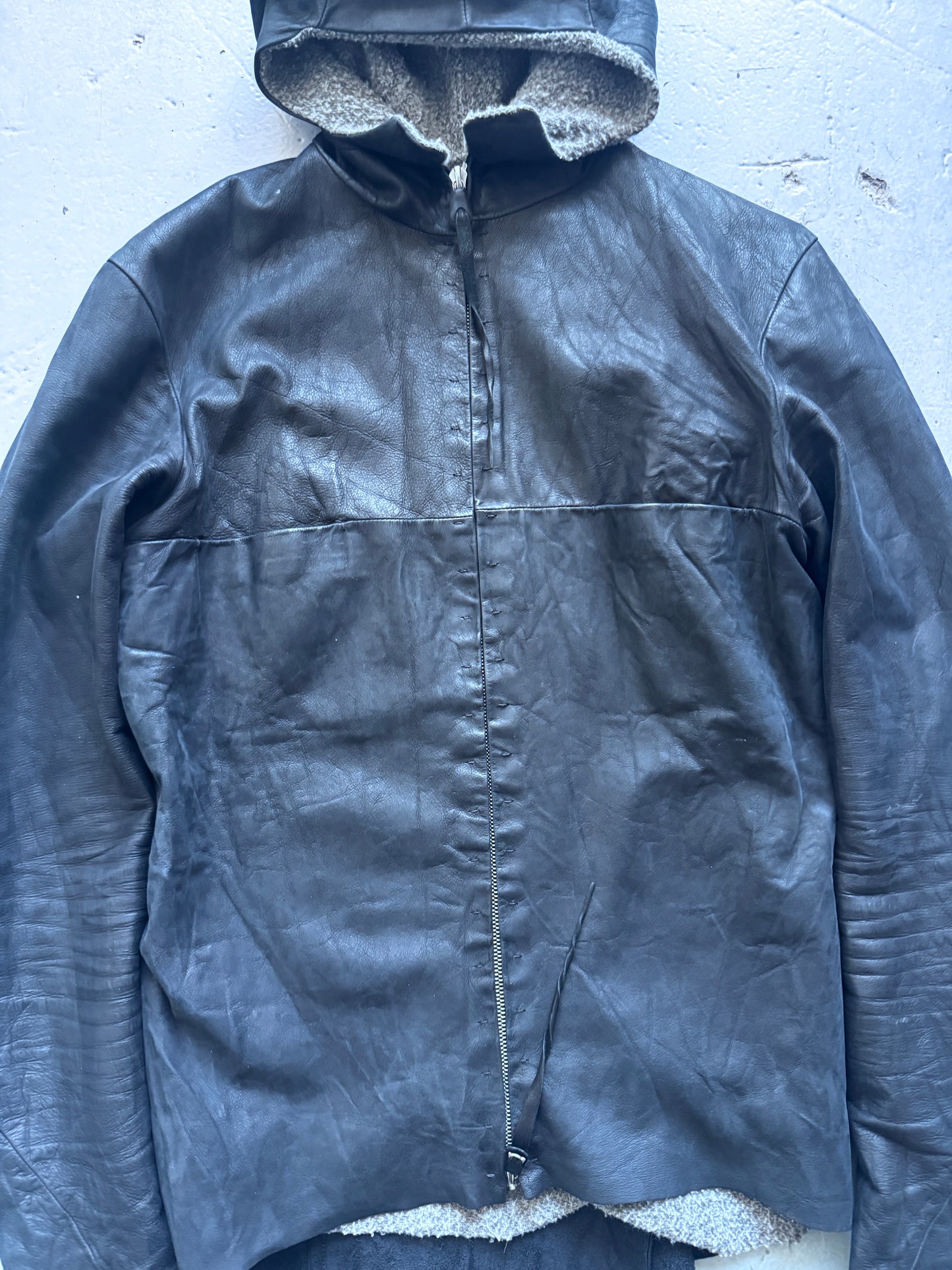 m.a+ knit lining matte leather hooded aviator jacket M
