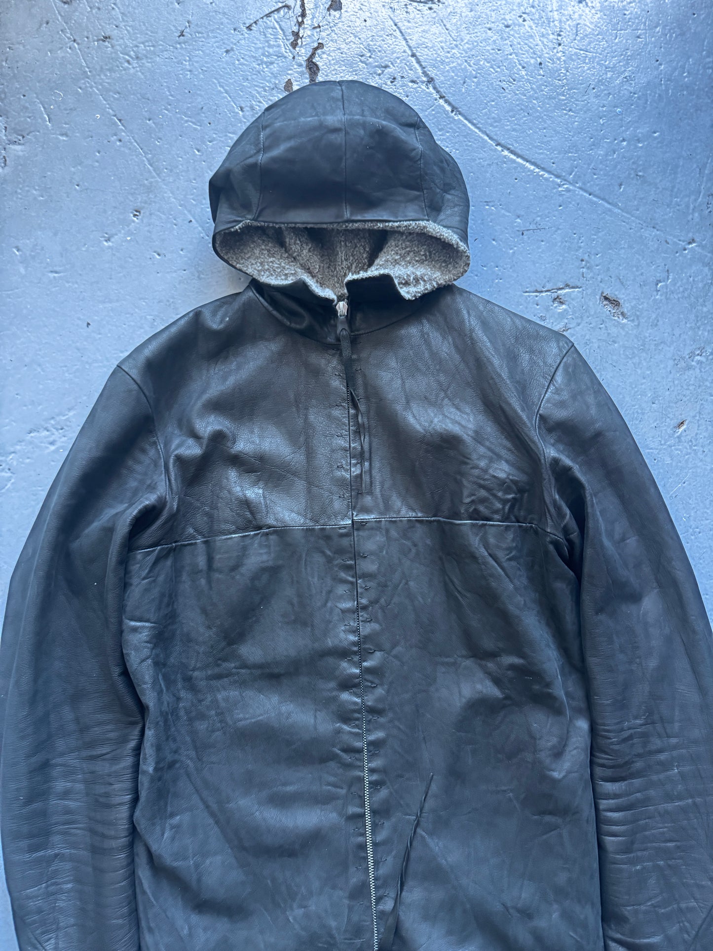 m.a+ knit lining matte leather hooded aviator jacket M