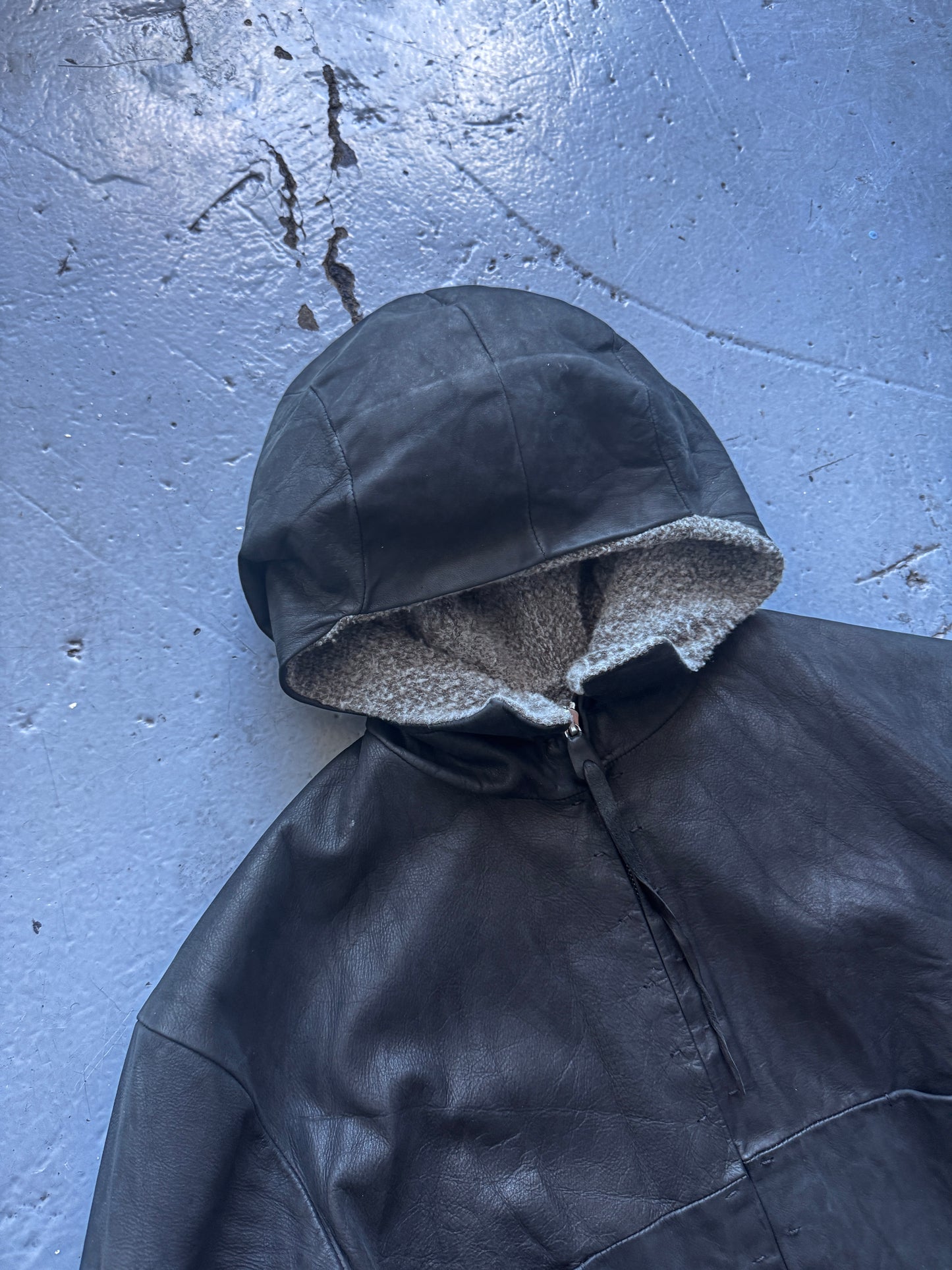 m.a+ knit lining matte leather hooded aviator jacket M