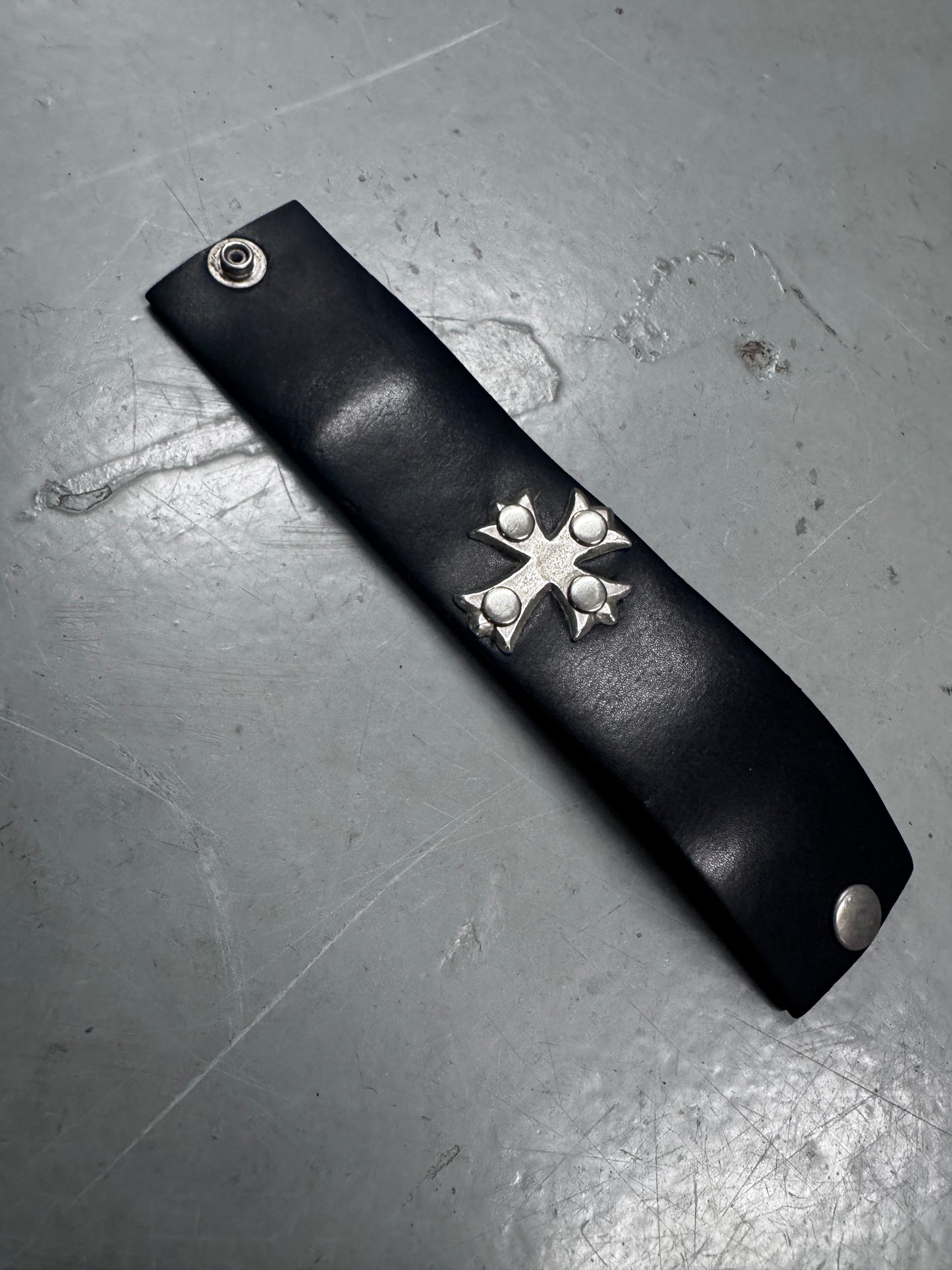 Vintage Thick Leather Silver Cross Bracelet