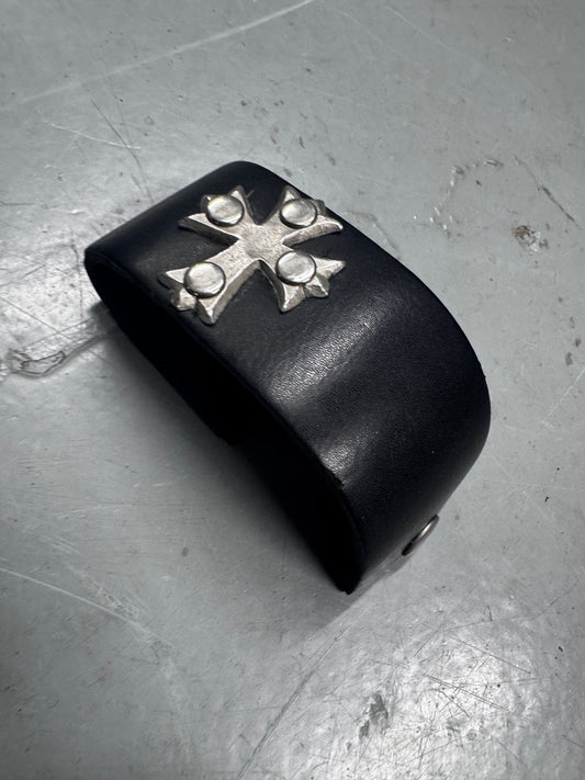 Vintage Thick Leather Silver Cross Bracelet