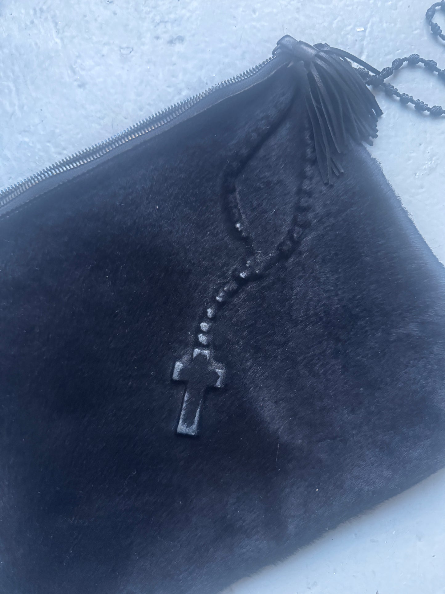 sibling london pony hair rosary clutch bag