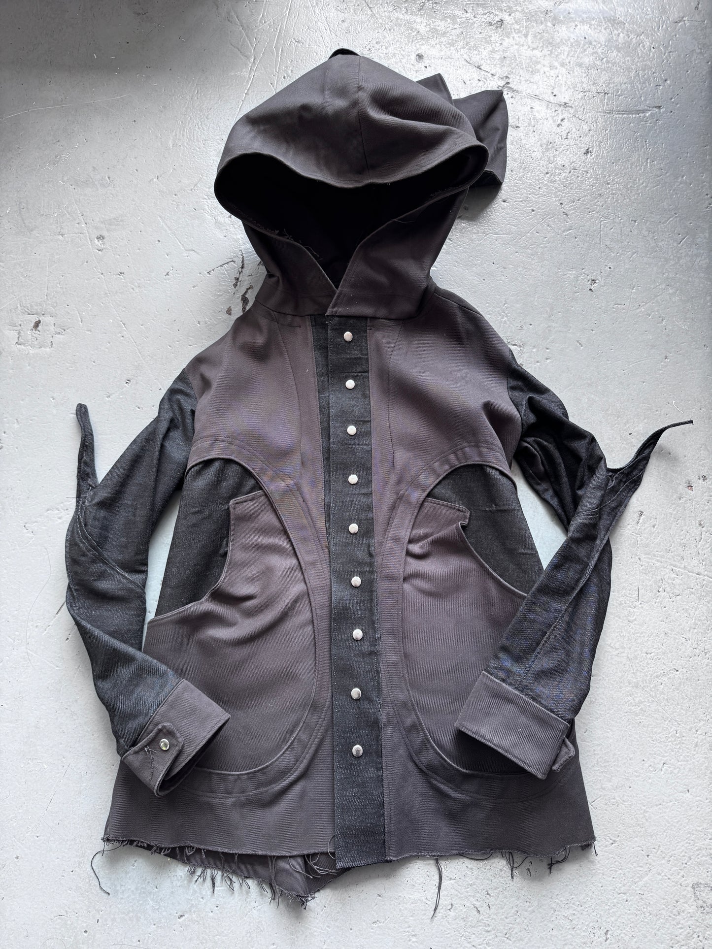 econbot denim pointed sleeve articulated alien coat