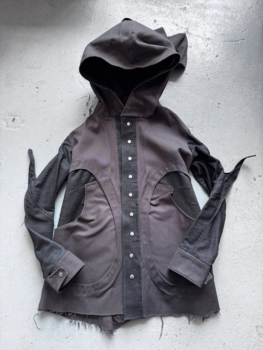 econbot denim pointed sleeve articulated alien coat