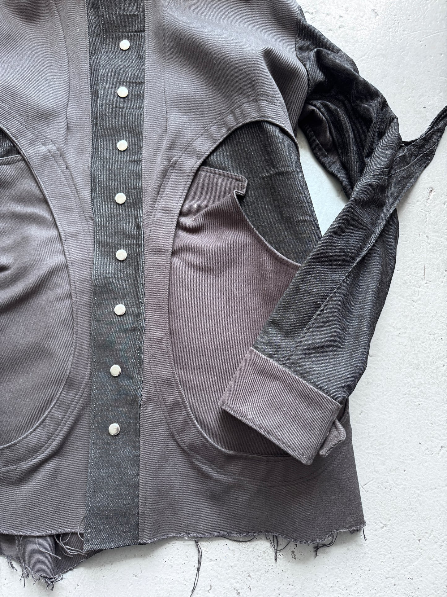 econbot denim pointed sleeve articulated alien coat