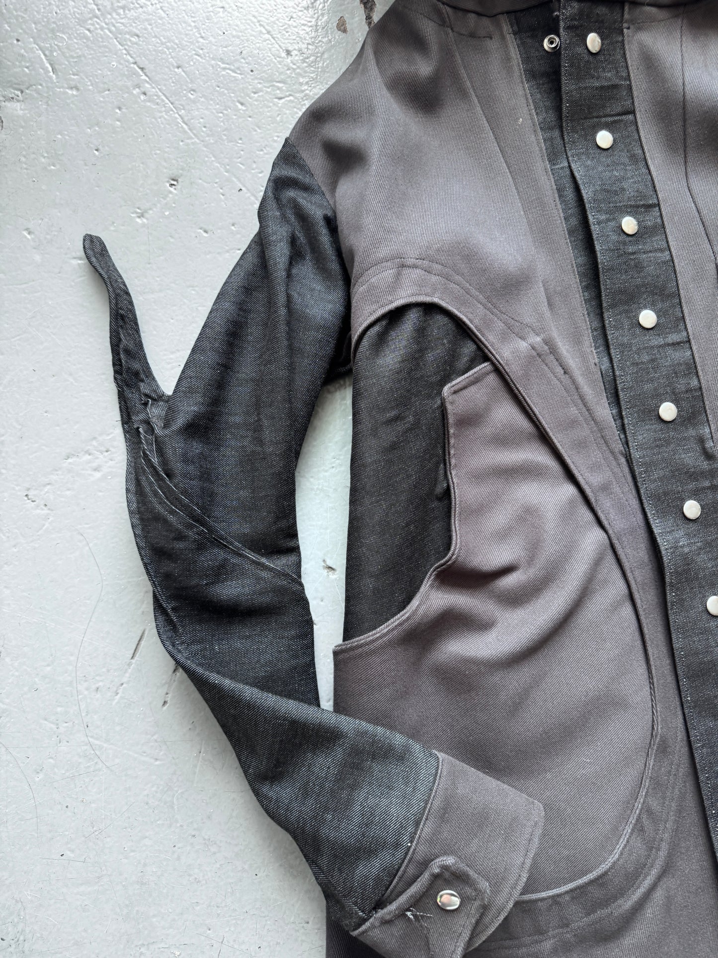 econbot denim pointed sleeve articulated alien coat