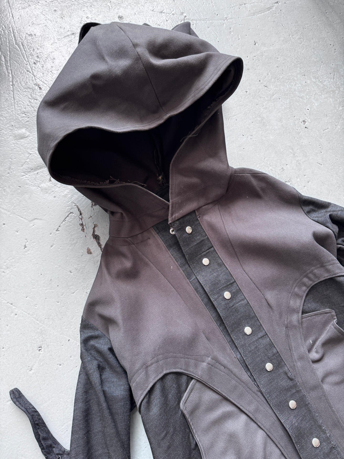 econbot denim pointed sleeve articulated alien coat