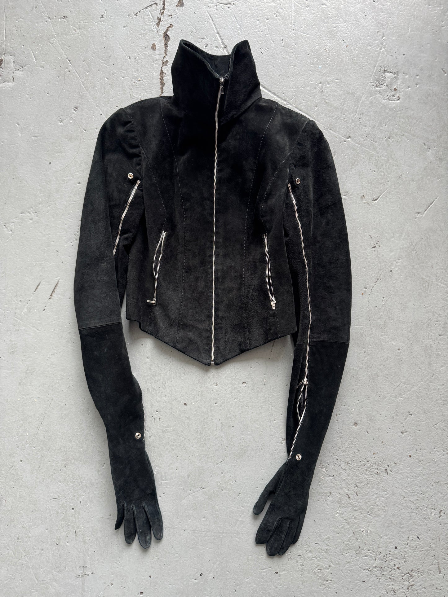 leather gloved high neck jacket