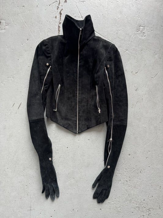 leather gloved high neck jacket