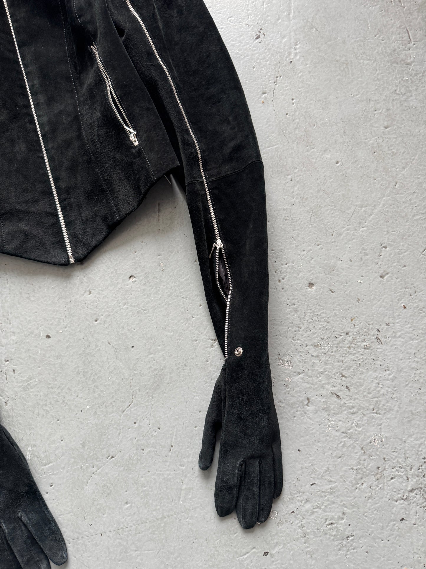 leather gloved high neck jacket