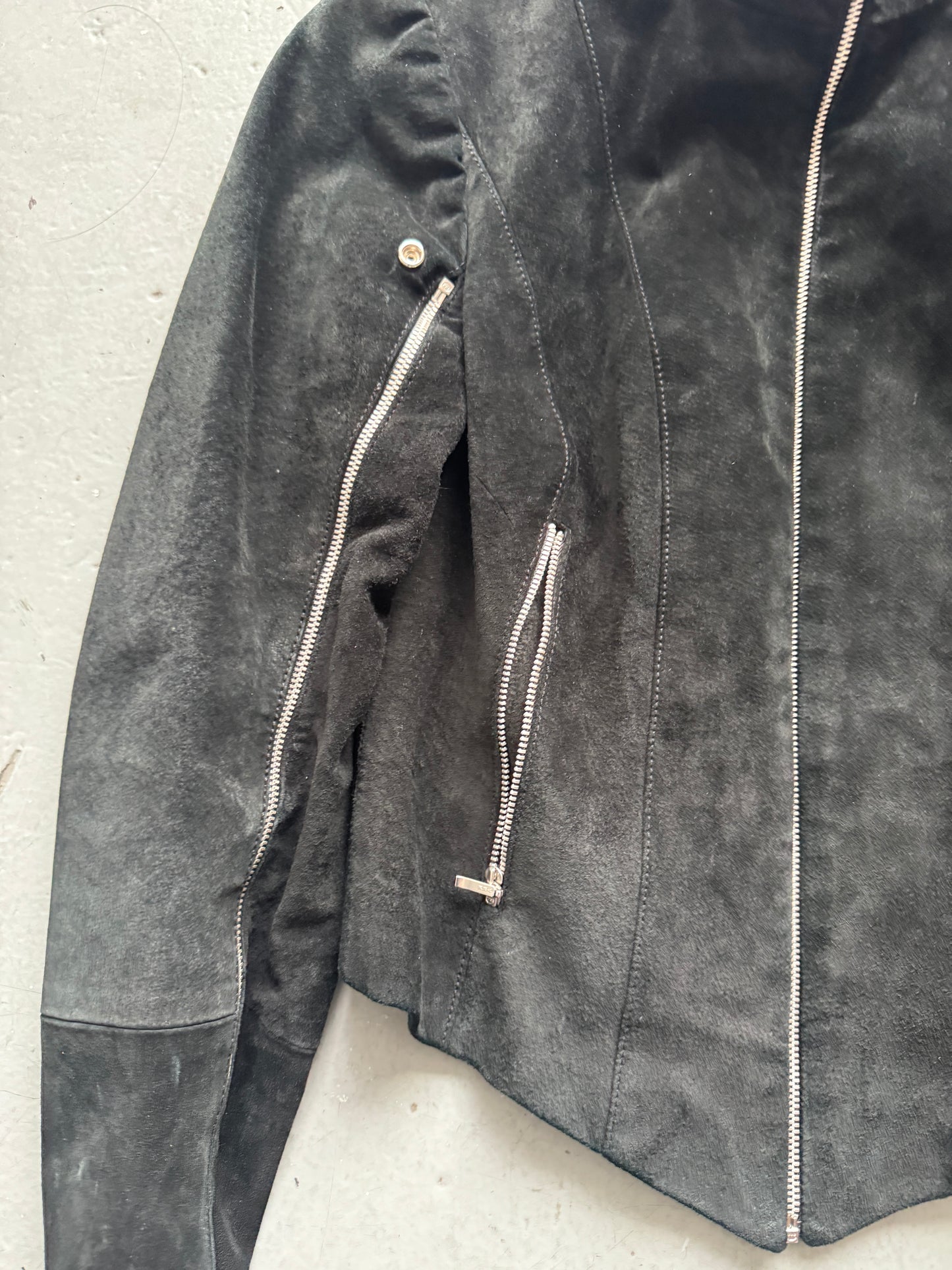 leather gloved high neck jacket