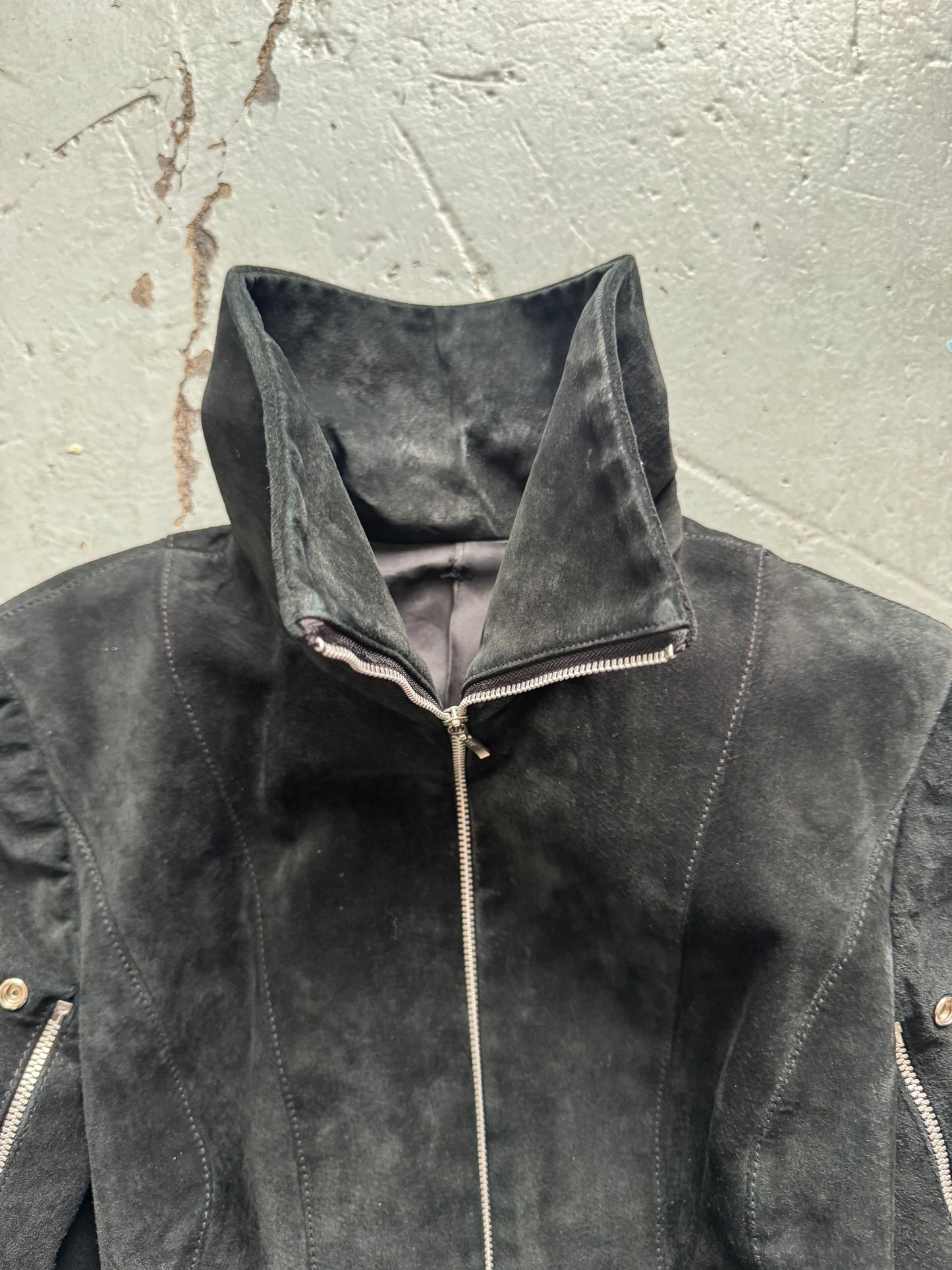 leather gloved high neck jacket